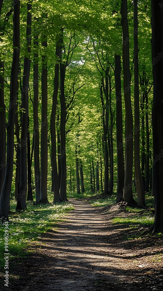 Sunlit path through dense green forest with tall trees and vibrant foliage Sunlit path through dense green forest with tall trees and vibrant foliage