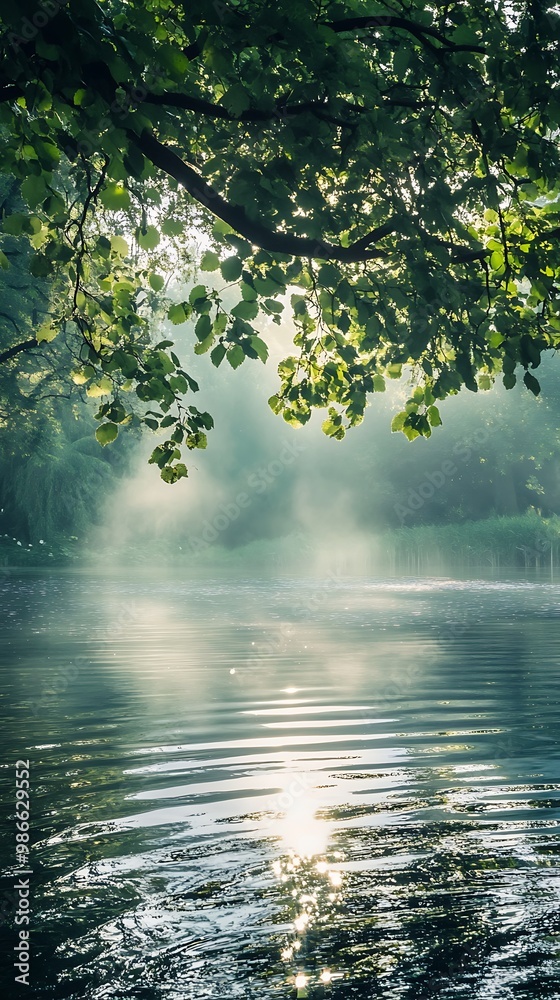 Fototapeta premium Misty morning sunrise over a calm lake with tree branches in foreground