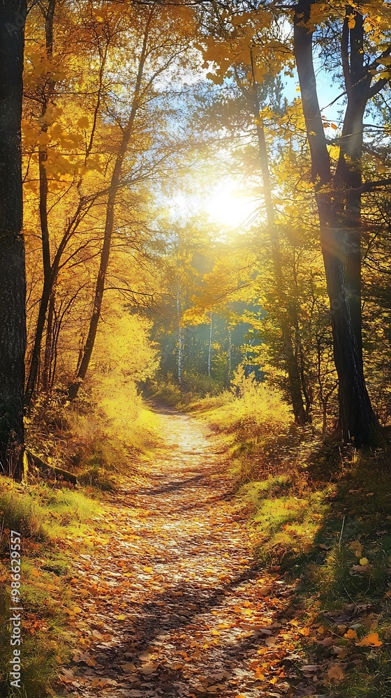 Obraz premium Sun shining through trees in autumn forest with path leading into woods