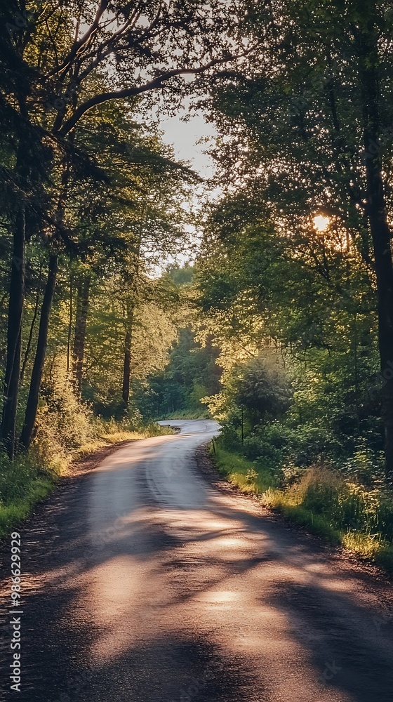Winding Road Through Lush Forest with Sunlight Streaming Through Trees Winding Road Through Lush Forest with Sunlight Streaming Through Trees
