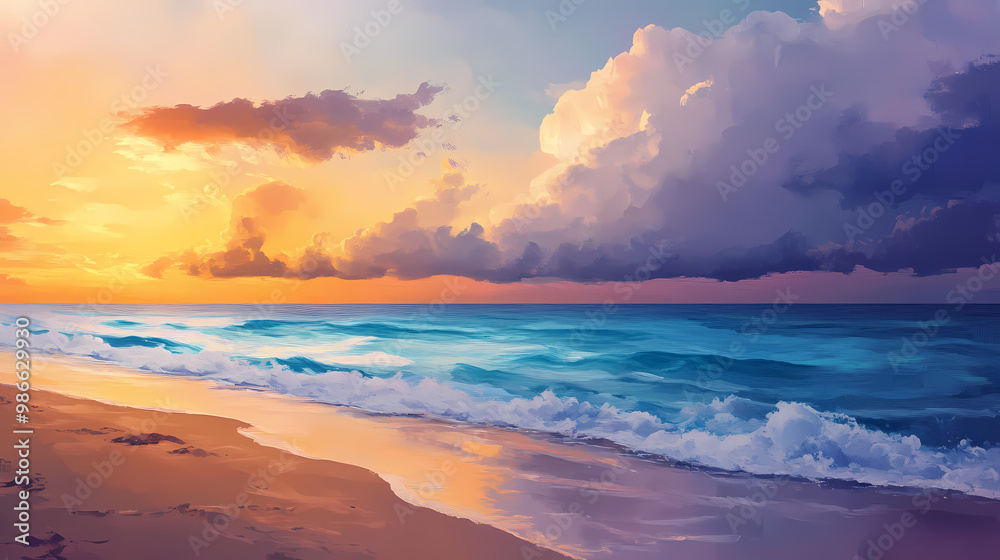 Oil painting illustration depicting a serene scene, sunset at a beautiful beach, clouds in the sky and pristine sand - generative ai. Oil Painting. Illustration Oil painting illustration depicting a serene scene, sunset at a beautiful beach, clouds in the sky and pristine sand - generative ai. Oil Painting. Illustration