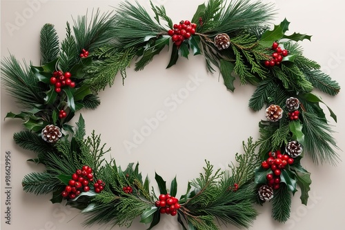 Holiday Floral Frame with Winter Greenery and Berries for Greetings and Invitations photo