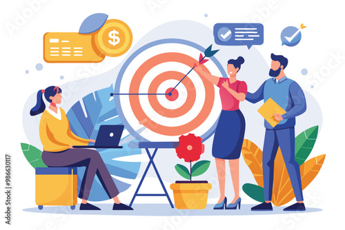 Colleagues strategize together, focusing on target planning while discussing creative ideas in an office, Business colleagues planning target, flat illustration.
