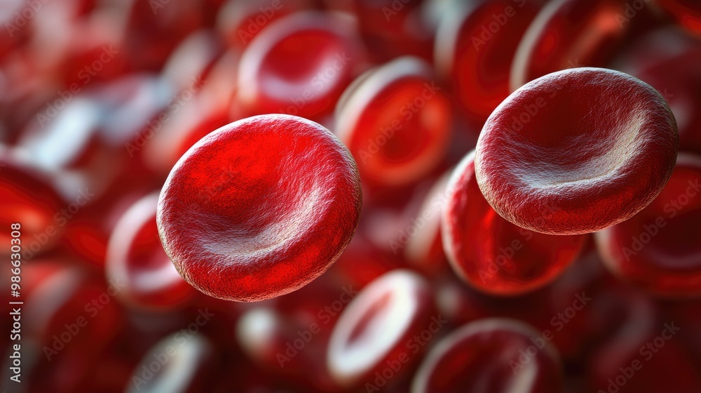 Close-up of blood cells under a microscope, with vibrant red and white blood cells visible, representing human biology. Close-up of blood cells under a microscope, with vibrant red and white blood cells visible, representing human biology.