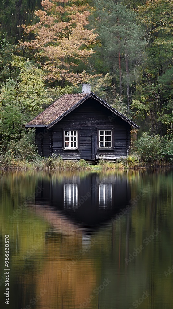 Fototapeta premium Small wooden cabin reflecting in a calm lake surrounded by trees in forest