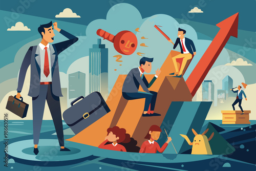 Professionals collaborate to navigate a business crisis through innovative solutions and teamwork, Business crisis with customizable and disproportionate illustration.