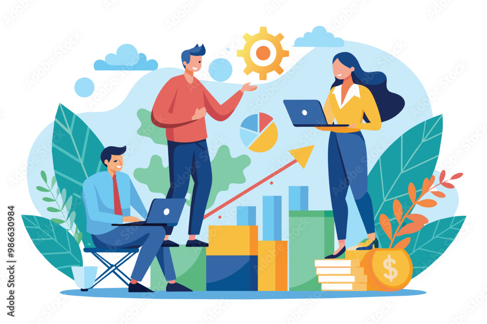 Colleagues engage in a productive business development discussion while analyzing data and strategies, Business development and growth discussion, flat illustration. Colleagues engage in a productive business development discussion while analyzing data and strategies, Business development and growth discussion, flat illustration.