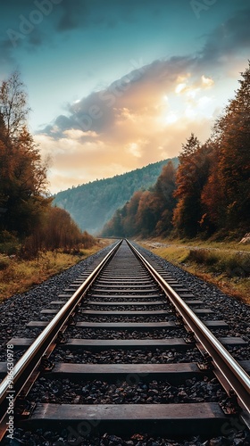 Endless Railway Tracks Leading Through Autumn Forested Mountains with Dramatic Sky photo