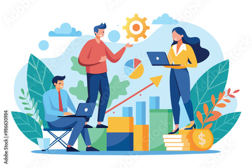 Colleagues engage in a productive business development discussion while analyzing data and strategies, Business development and growth discussion, flat illustration.