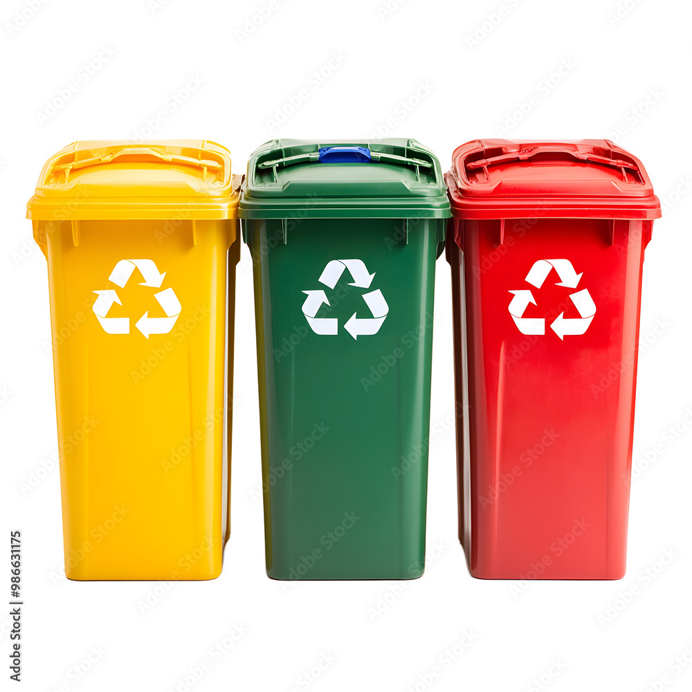 A set of colorful recycling bins in yellow, green, and red, promoting waste separation and environmental sustainability. A set of colorful recycling bins in yellow, green, and red, promoting waste separation and environmental sustainability.