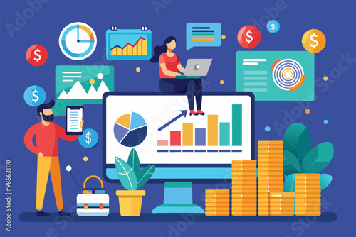 A team collaborates on income analysis using charts and graphs in a lively business environment, Business development and income data analysis, depicted in a flat illustration.