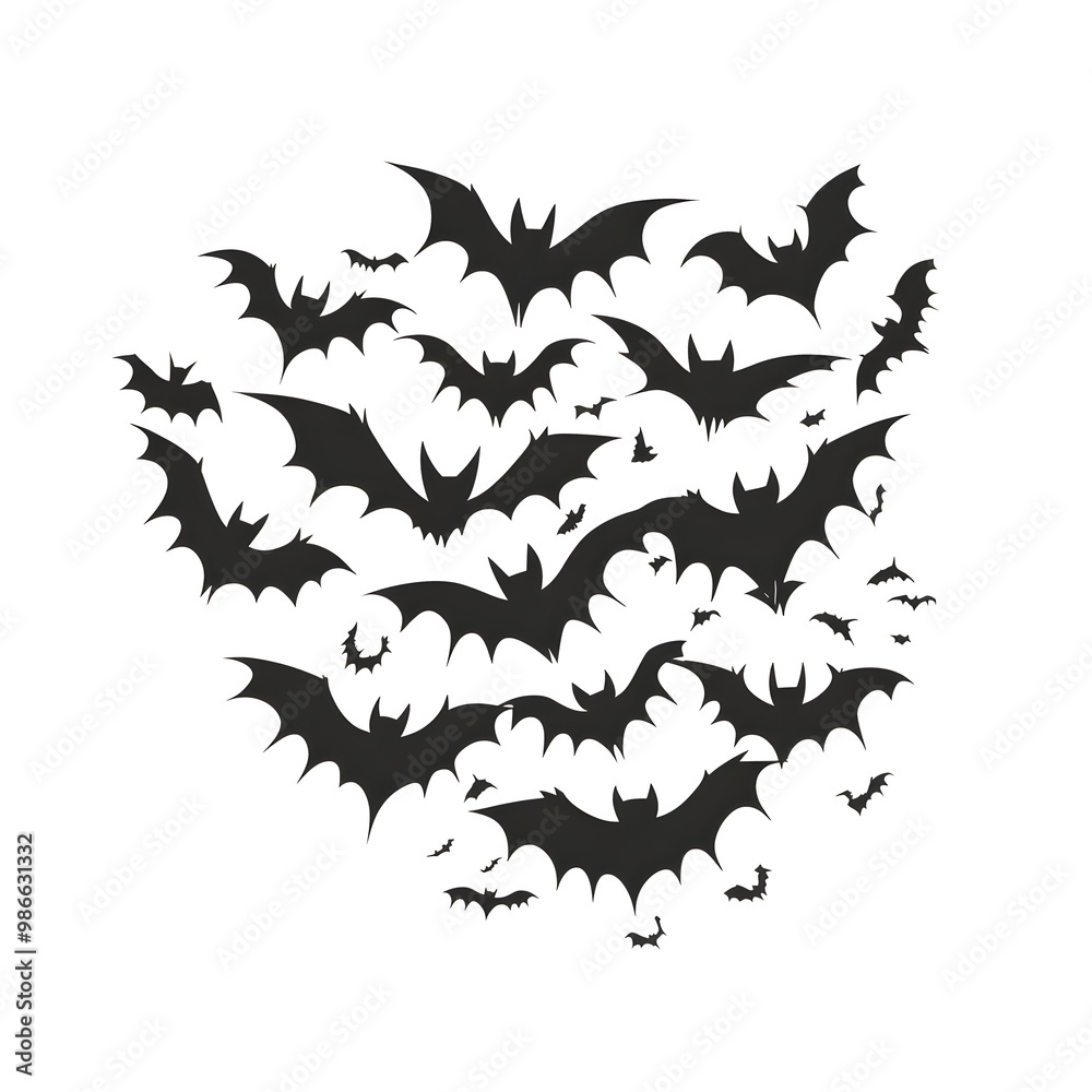 A dynamic cluster of bats in various poses, creating a spooky atmosphere perfect for Halloween or gothic themes. A dynamic cluster of bats in various poses, creating a spooky atmosphere perfect for Halloween or gothic themes.
