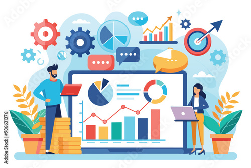 Two professionals analyze data on a large screen, showcasing growth metrics and statistical graphics, Business growth analysis and management, illustrated in a flat style.