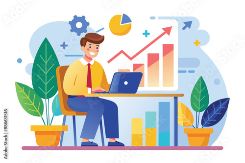 An employee analyzes business growth data while working on a laptop at a desk with plants around, Business growth analysis graph with employee at desk illustration