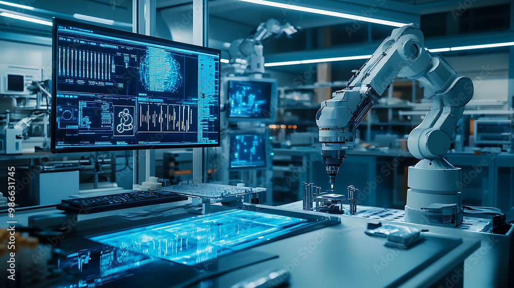 Research lab with a sophisticated machine featuring detailed mechanical parts and screens displaying machine learning algorithms enhancing its performance Research lab with a sophisticated machine featuring detailed mechanical parts and screens displaying machine learning algorithms enhancing its performance