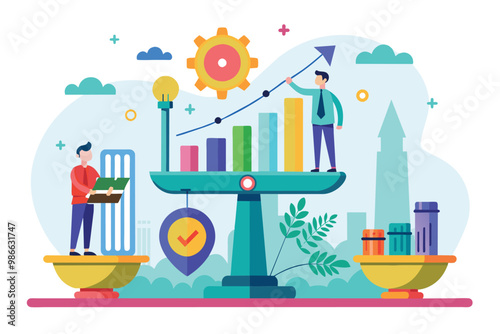 Entrepreneurs assess data indicators on a balanced scale while measuring business growth with charts, Business growth scale, flat illustration.