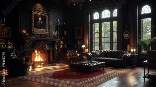 Gothic-style livingroom with dark walls and antique furniture. The bathroom is decorated in a dark red color.