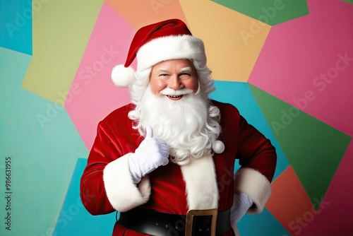 Confident Grinning Santa Claus in Stylish Pose on Vibrant Background for Joyful Christmas and New Year Celebration