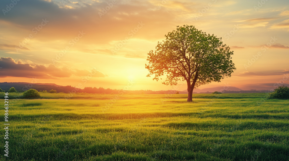 Tree in open meadow during vibrant sunset Tree in open meadow during vibrant sunset