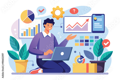 A professional is engaged in data analysis while seated in an office, using a laptop and reviewing charts, Business management training analyzing data, illustrated in a flat style.