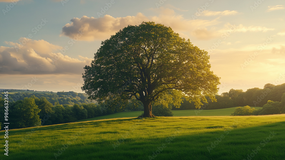 Lone tree in lush green field at golden hour Lone tree in lush green field at golden hour