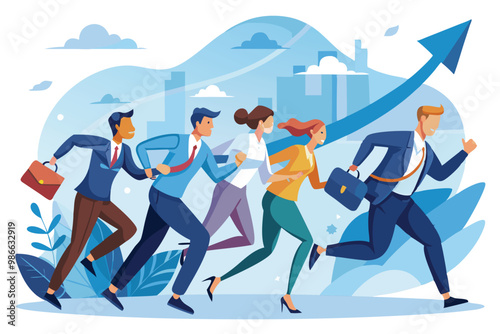 A group of business people hurries through a city to stay updated with emerging trends and opportunities, Business people hurry to stay on trend.