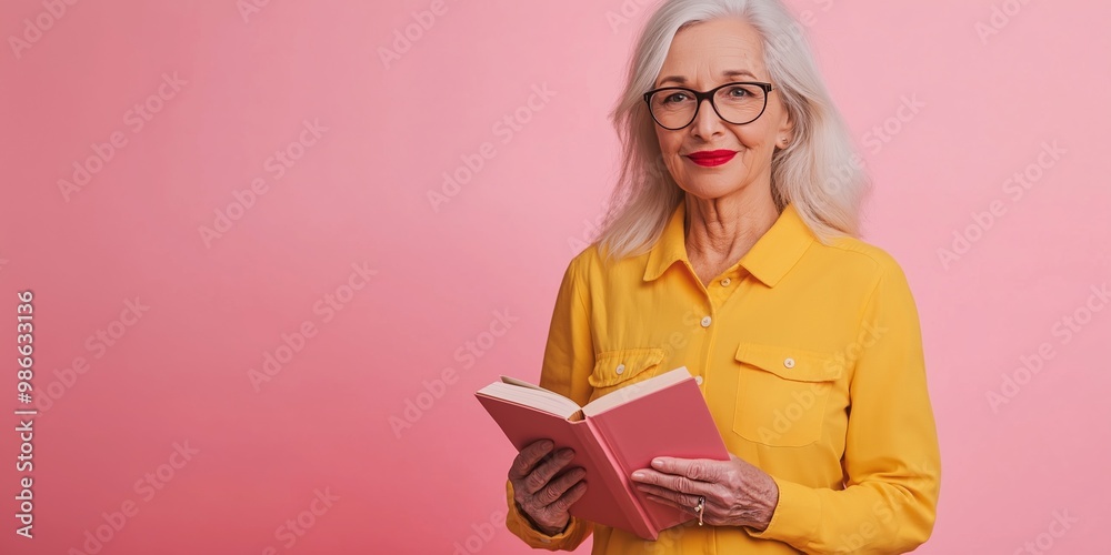 A woman in glasses is reading a book. She is smiling and she is enjoying herself. The book is pink and open to a page with a picture on it. The pink background suggests a warm and inviting atmosphere A woman in glasses is reading a book. She is smiling and she is enjoying herself. The book is pink and open to a page with a picture on it. The pink background suggests a warm and inviting atmosphere