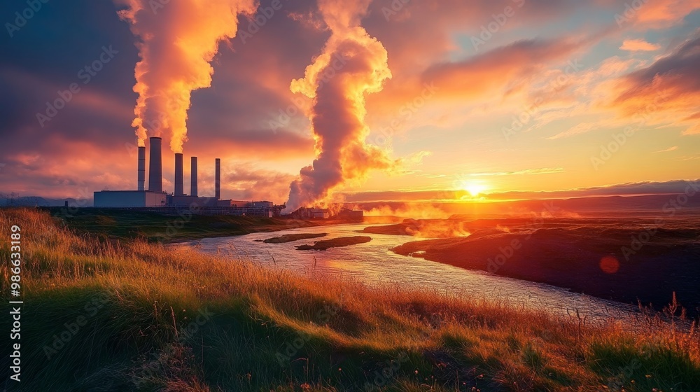 Icelandic power plant with sunrise. Icelandic power plant with sunrise.