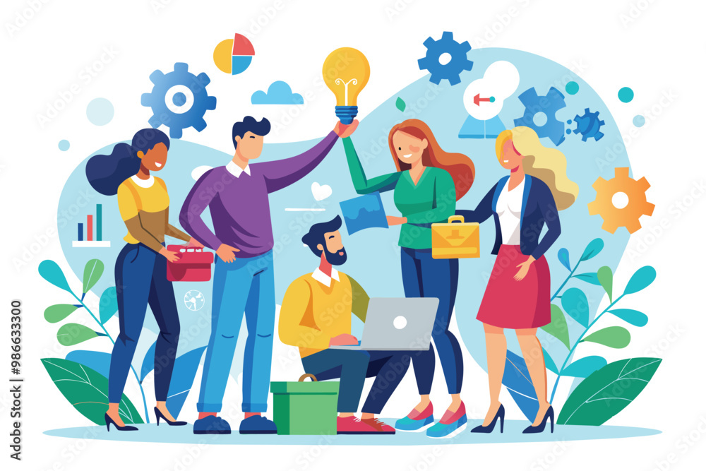 A group of business people brainstorm solutions to teamwork challenges in a collaborative setting, Business people solve teamwork problems with flat illustrations. A group of business people brainstorm solutions to teamwork challenges in a collaborative setting, Business people solve teamwork problems with flat illustrations.