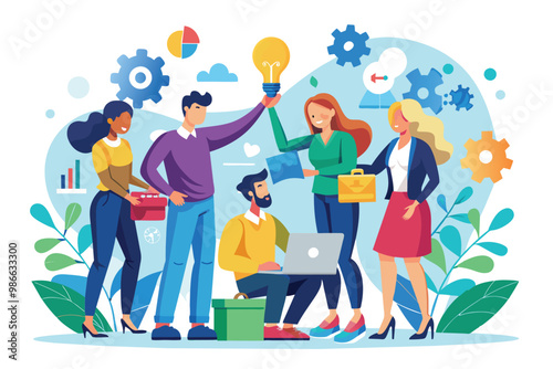 A group of business people brainstorm solutions to teamwork challenges in a collaborative setting, Business people solve teamwork problems with flat illustrations.