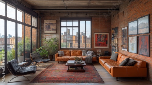 Industrial loft livingroom with exposed brick walls The room has a rustic, cozy feel with the brick walls and wooden floor.