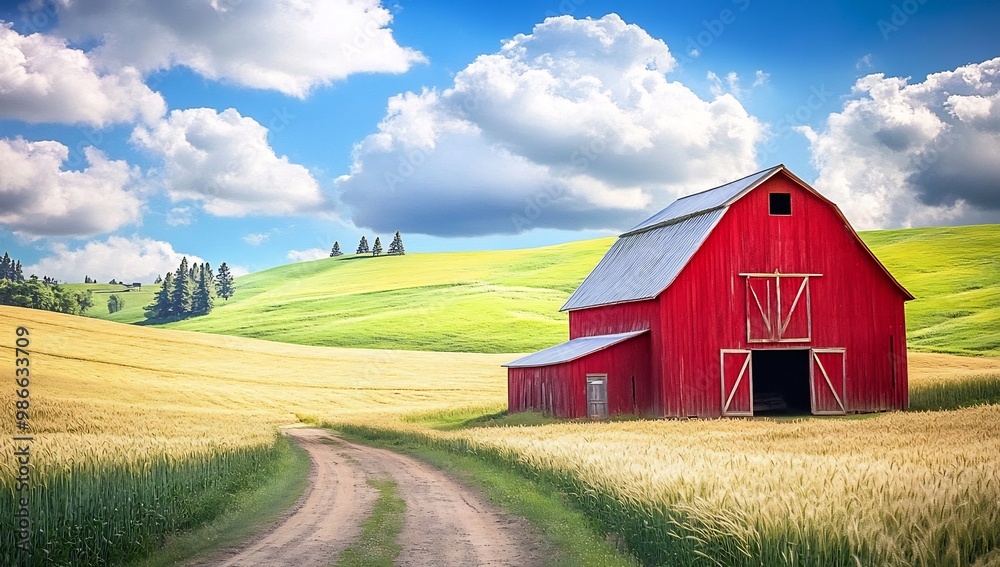 red barn standing tall in the middle of a golden wheat field red barn standing tall in the middle of a golden wheat field