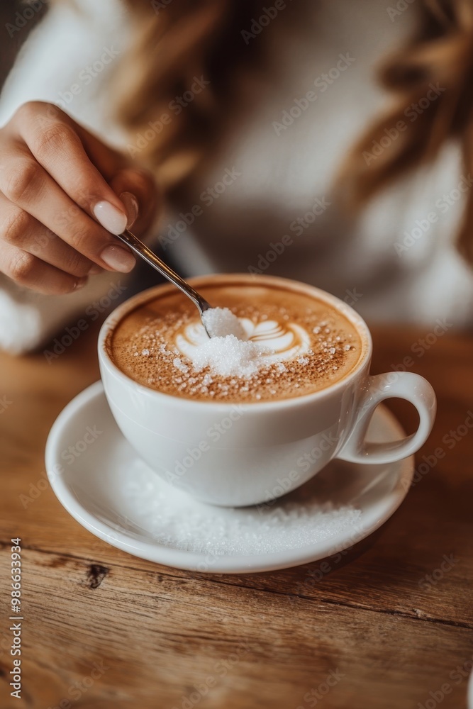 Woman adds sugar and stirs her delicious cappuccino latte at a charming coffee shop scene Woman adds sugar and stirs her delicious cappuccino latte at a charming coffee shop scene