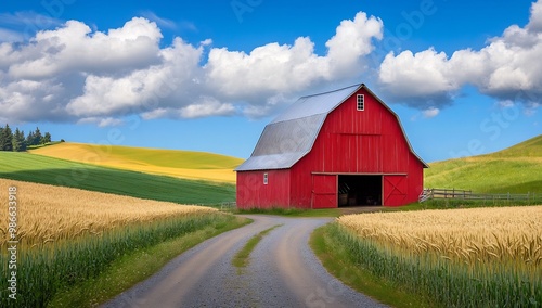 red barn standing tall in the middle of a golden wheat field