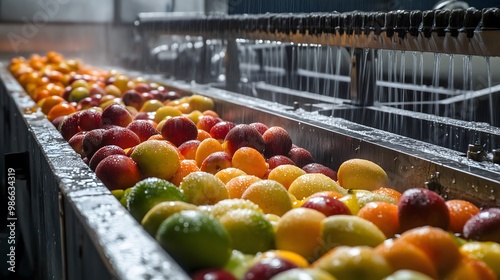 Advanced Fruit Washing: Industrial Machines and Conveyor Belts in a Spacious Processing Factory fruits and vegetables on market photo