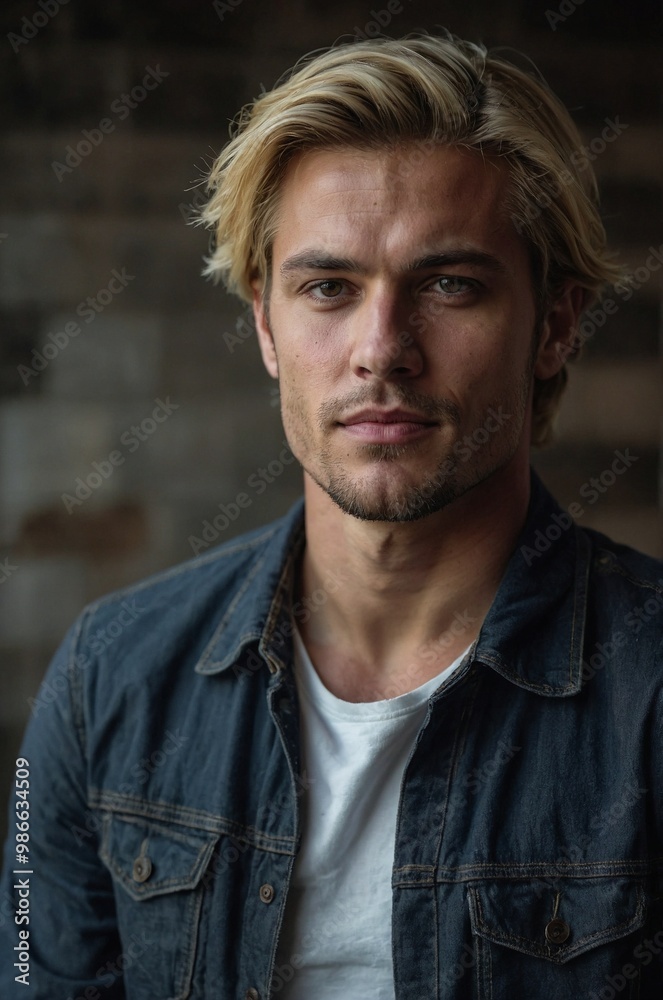 Fototapeta premium Young man with blonde hair poses confidently for a portrait against a textured background, showcasing casual style and charm.