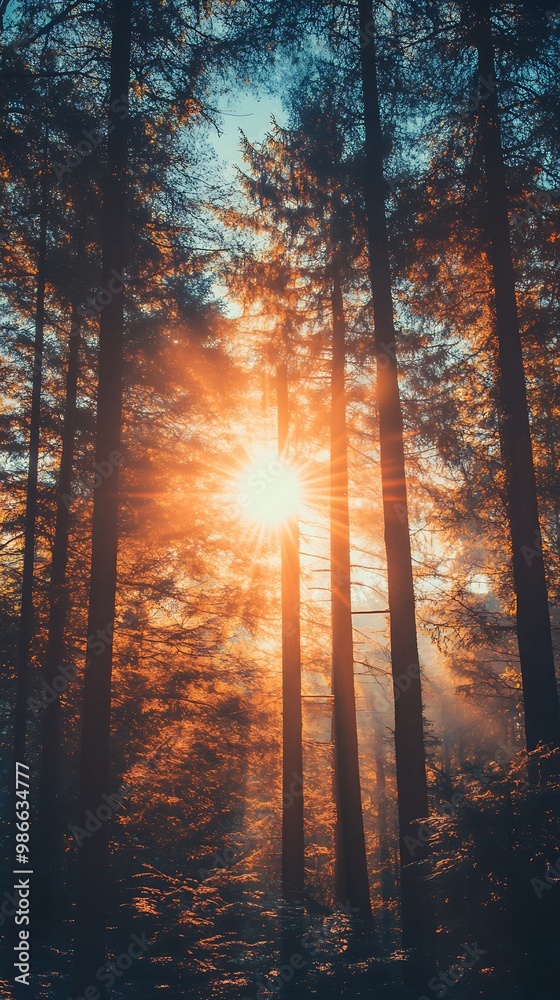 Sunrise through the trees in the forest, nature background Sunrise through the trees in the forest, nature background