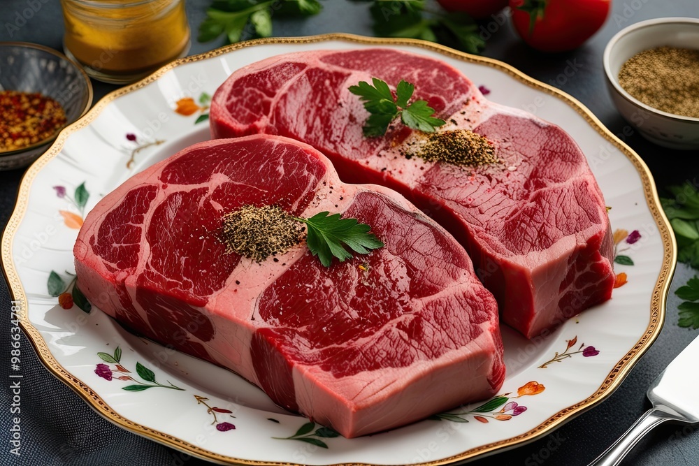 Exquisite Beef Steak Arrangements on Polished Granite Surface with Seasonal Ingredients Exquisite Beef Steak Arrangements on Polished Granite Surface with Seasonal Ingredients