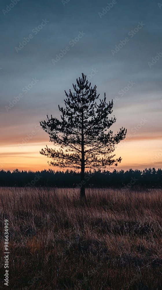 Fototapeta premium Silhouette of a lone pine tree against a colorful sunset sky