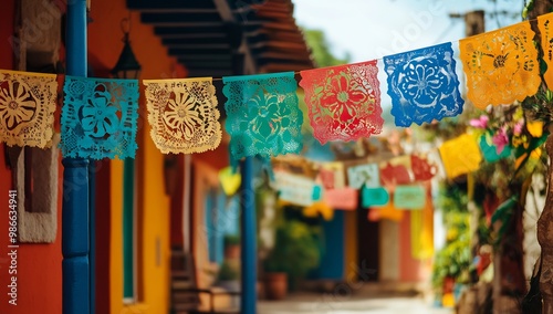 colorful papel picado banners hanging across the front of traditional homes photo