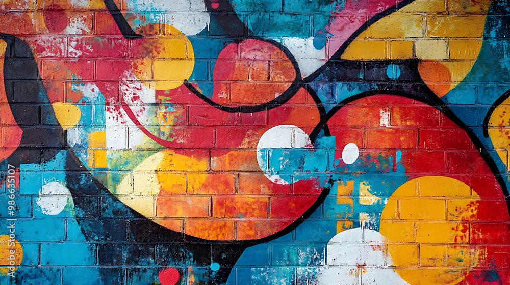 Bold graffiti and vibrant colors on a weathered brick surface, urban street art expression Bold graffiti and vibrant colors on a weathered brick surface, urban street art expression