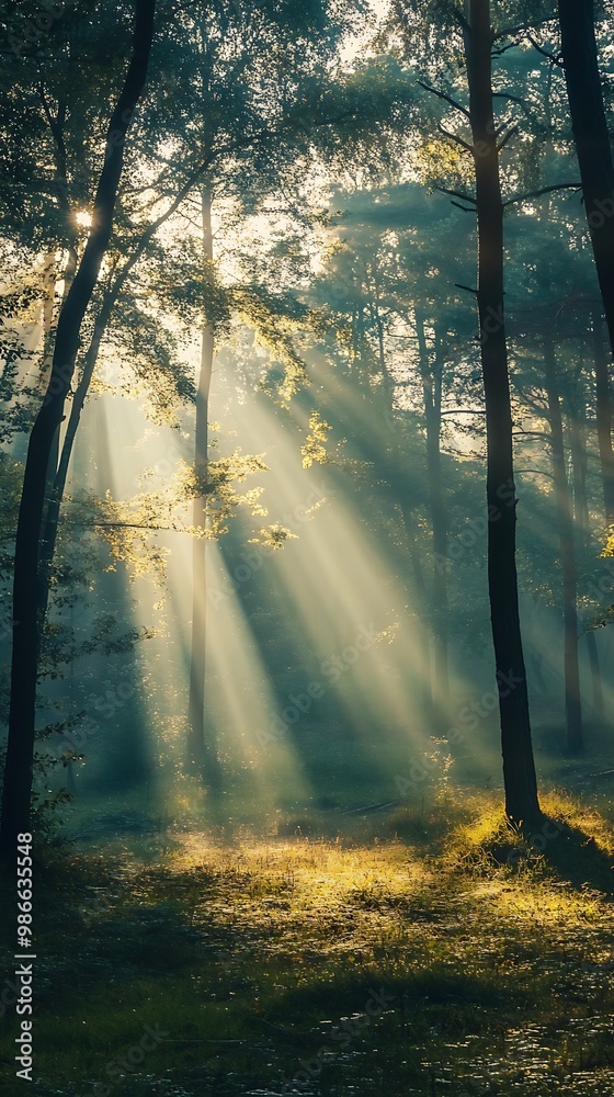 Obraz premium Sun rays breaking through forest canopy in magical light, nature, woodland