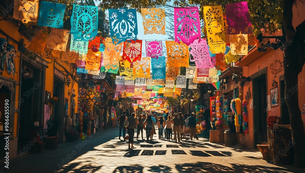 colorful papel picado banners strung across a lively street colorful papel picado banners strung across a lively street