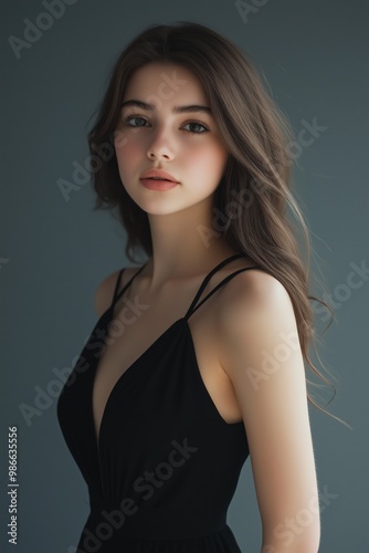 A woman in a black dress is standing in front of a blue wall. She has long hair and is wearing makeup