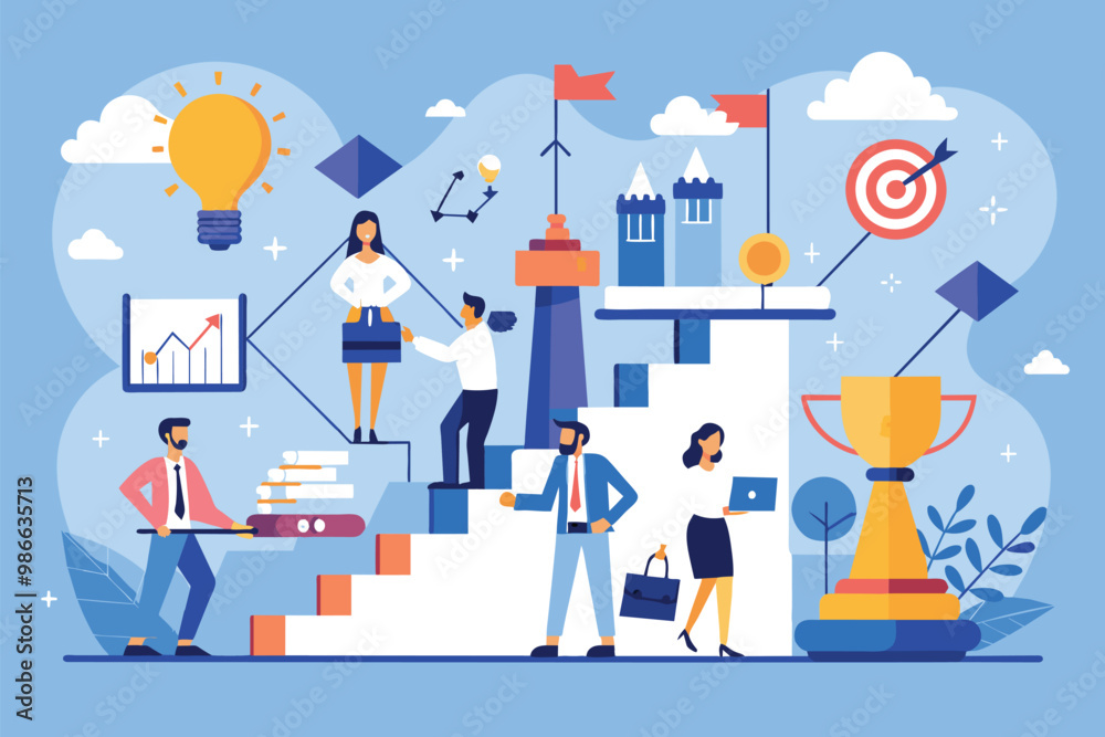 People collaborate on a business strategy with charts and light bulbs in a vibrant setting, business strategy, simple illustration People collaborate on a business strategy with charts and light bulbs in a vibrant setting, business strategy, simple illustration