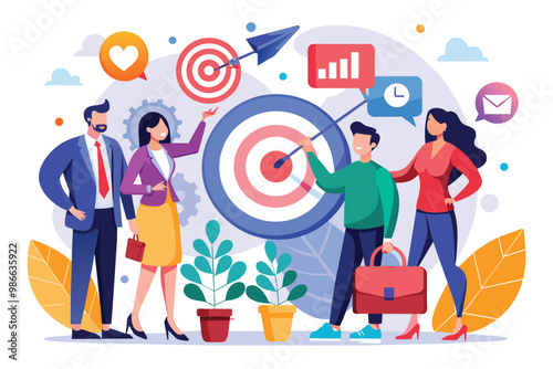 A group of business professionals collaborates on reaching targets while engaging with visual data representations, Business target collaboration, flat illustration