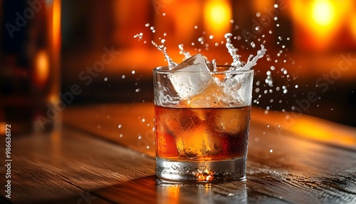 Whiskey on the Rocks with Water Splash Against a Fiery Backdrop