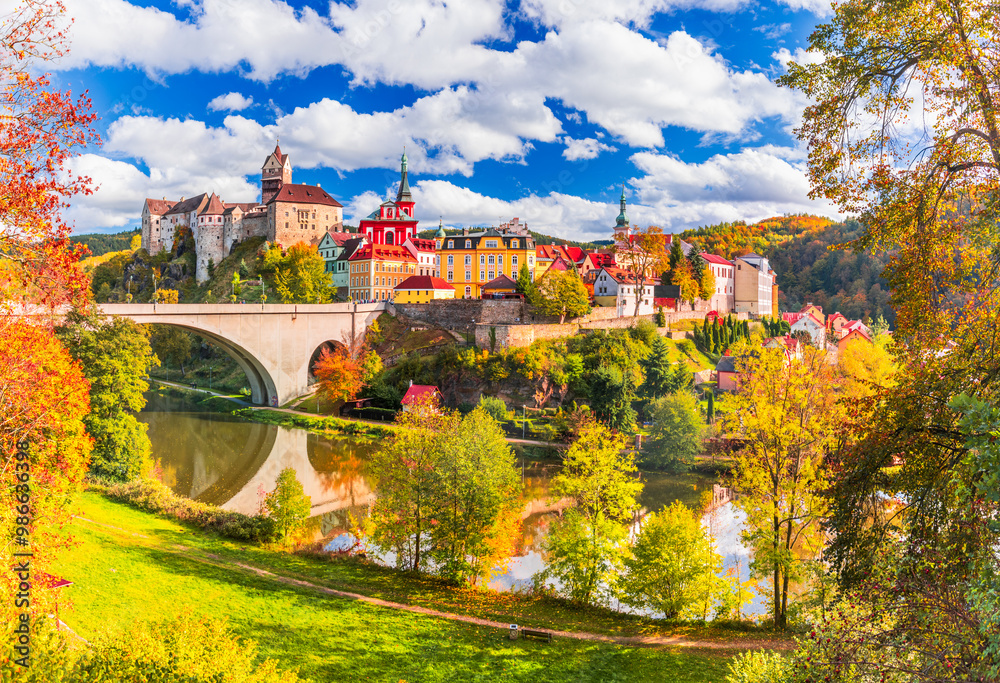 Loket, Czech Republic. Charming town, Ohre River in the near of Karlovy Vary, Bohemia, autumn colors.