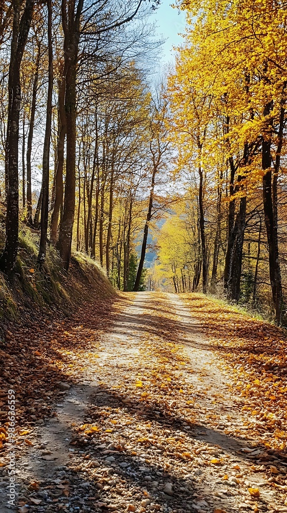 Obraz premium Sunlit Pathway Through Golden Autumn Forest