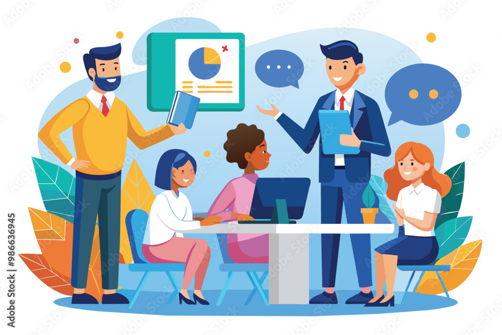 A diverse group of professionals participates in a business training session with interactive discussions, Business training is popular, illustrated in a flat style. A diverse group of professionals participates in a business training session with interactive discussions, Business training is popular, illustrated in a flat style.